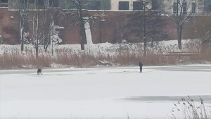 Policjanci ostrzegają - nie wchodź na zamarznięte zbiorniki wodne.