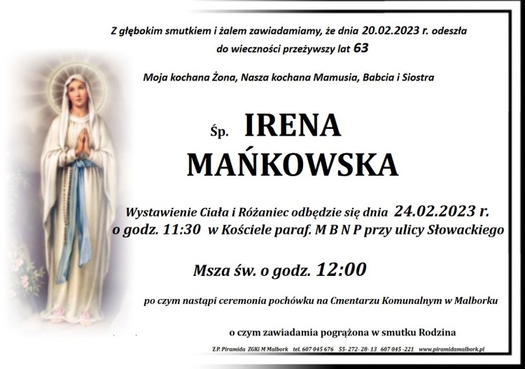 Zmarła Irena Mańkowska. Miała 63 lata.