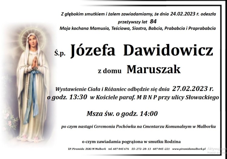 Zmarła Józefa Dawidowicz. Miała 84 lata.