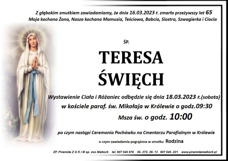 Zmarła Teresa Święch. Miała 65 lat.