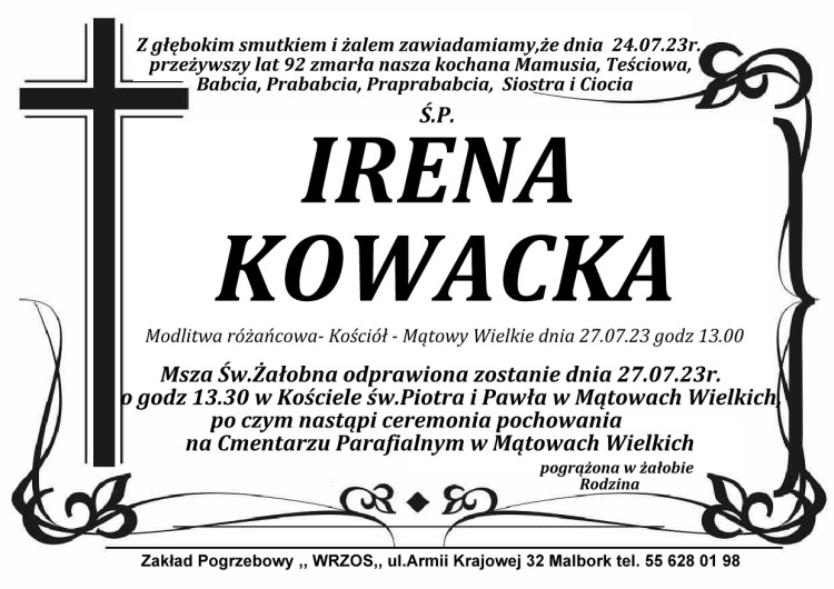 Zmarła Irena Kowacka. Żyła 92 lata.