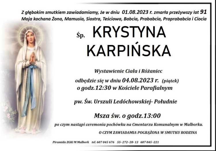 Zmarła Krystyna Karpińska. Miała 91 lat.
