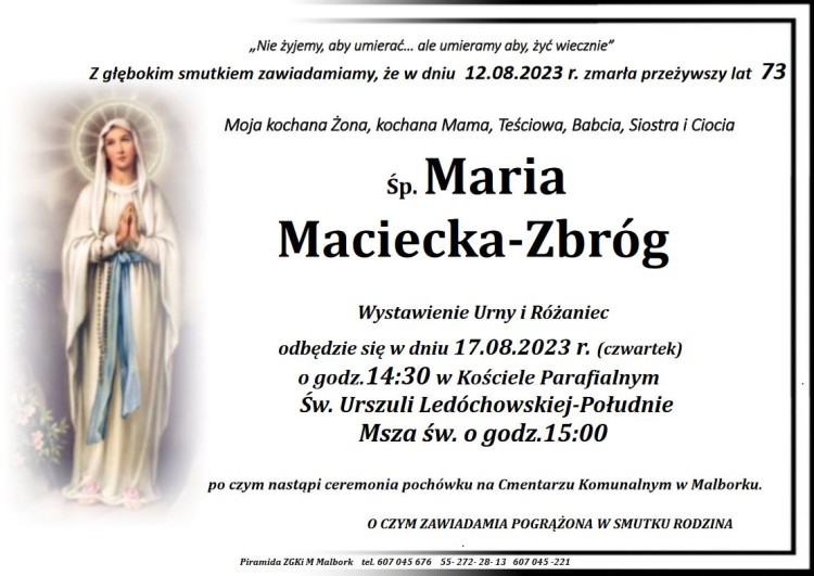 Zmarła Maria Maciecka - Zbróg. Żyła 73 lata.