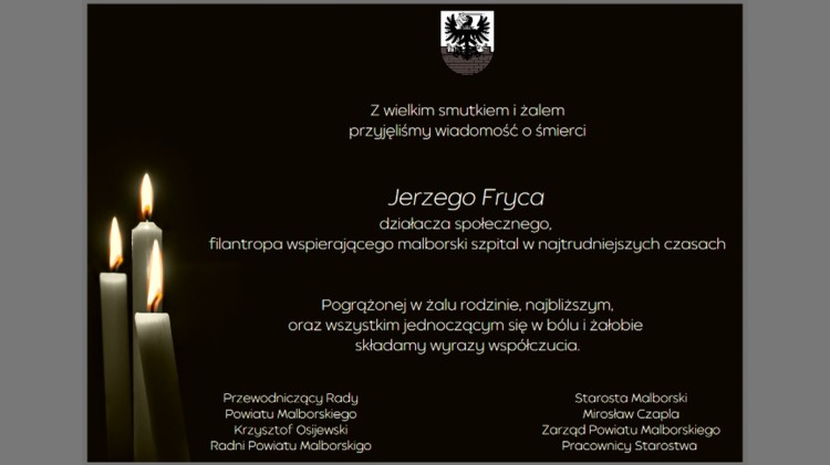 Kondolencje Starosty Malborskiego, Zarządu Powiatu, Przewodniczącego…