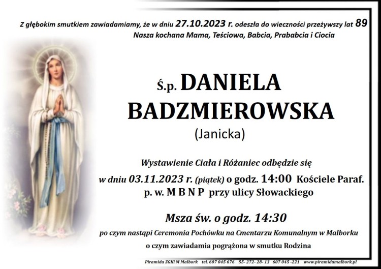 Odeszła Daniela Badzmierowska. Miała 89 lat.