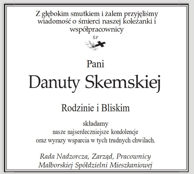 Kondolencje Rady Nadzorczej, Zarządu i Pracowników Malborskiej Spółdzielni…