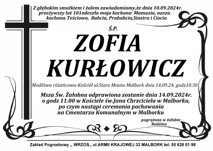 Zmarła Zofia Kurłowicz. Miała 101 lat.