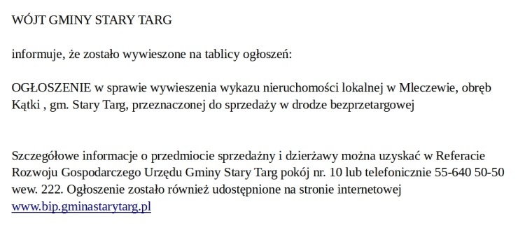 OGŁOSZENIE w sprawie wywieszenia wykazu nieruchomości lokalnej w Mleczewie,…