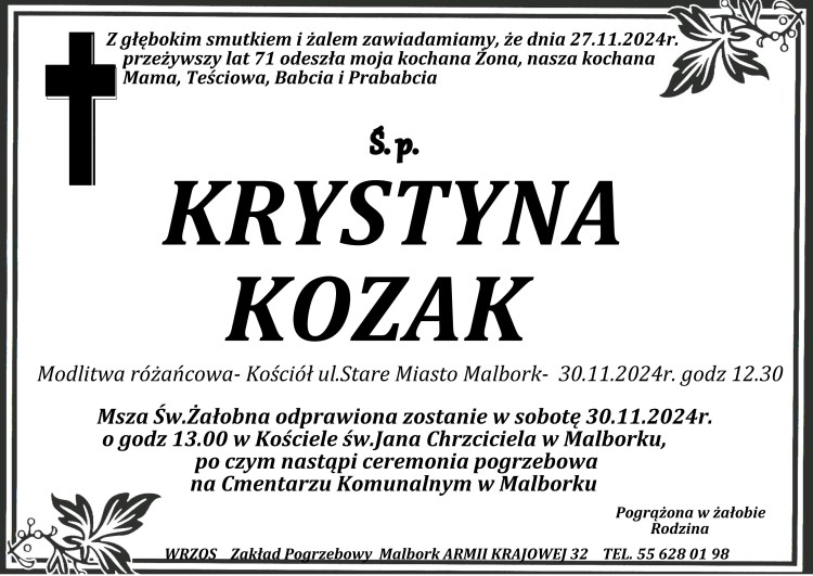 Zmarła Krystyna Kozak. Miała 71 lat.