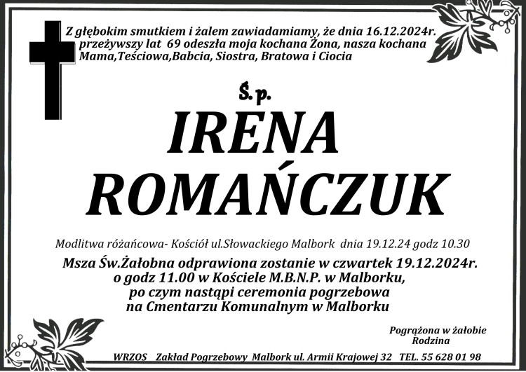 Zmarła Irena Romańczuk. Miała 69 lat.