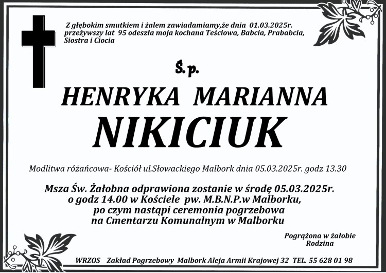 Zmarła Henryka Marianna Nikiciuk. Miała 95 lat. 