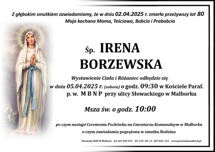 Zmarła Irena Borzewska. Miała 80 lat.