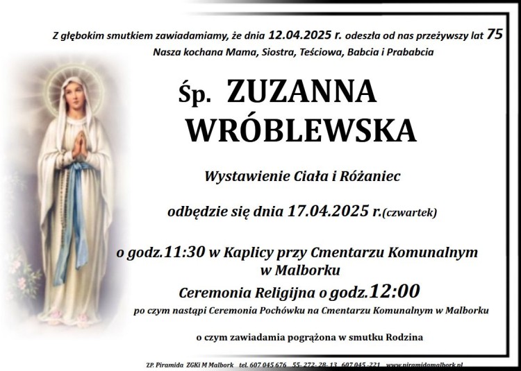 Zmarła Zuzanna Wróblewska. Miała 75 lat.