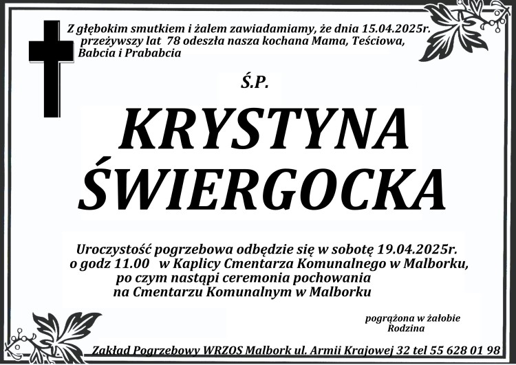 Zmarła Krystyna Świergocka. Miała 78 lat.