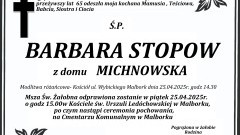Zmarła Barbara Stopow. Żyła 65 lat.