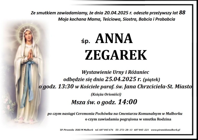 Zmarła Anna Zegarek. Miała 88 lat.