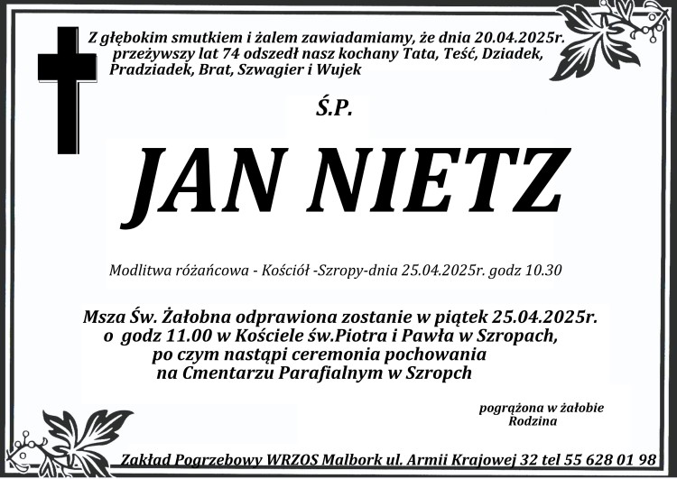 Zmarł Jan Nietz. Miał 74 lata.