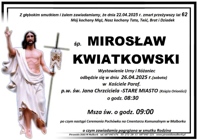Zmarł Mirosław Kwiatkowski. Żył 62 lata.