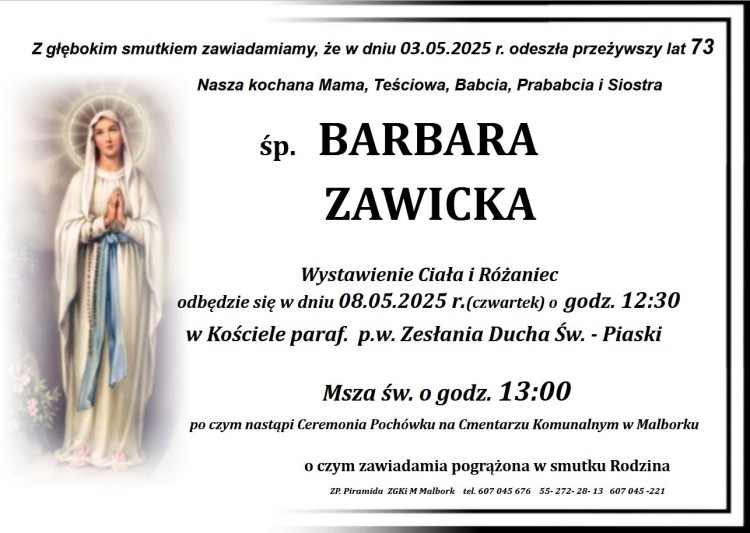 Zmarła Barbara Zawicka. Miała 73 lata.