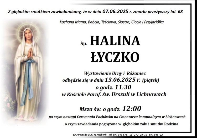 Zmarła Halina Łyczko. Miała 68 lat.