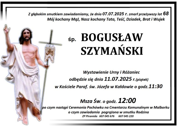 Zmarł Bogusław Szymański. Żył 68 lat.