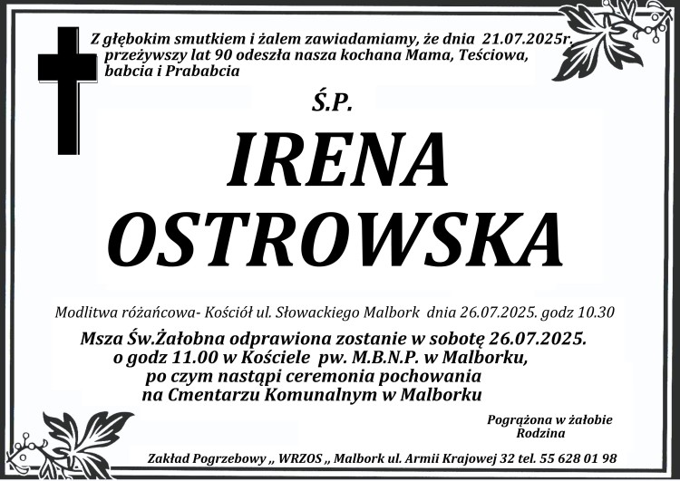 Zmarła Irena Ostrowska. Miała 90 lat.