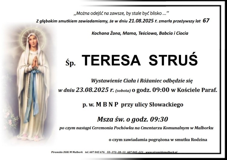 Zmarła Teresa Struś. Miała 67 lat.