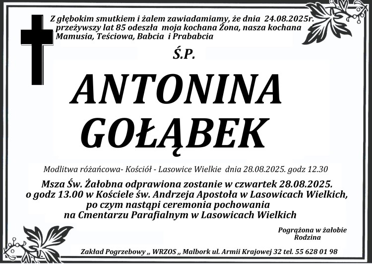 Zmarła Antonina Gołąbek. Żyła 85 lat.