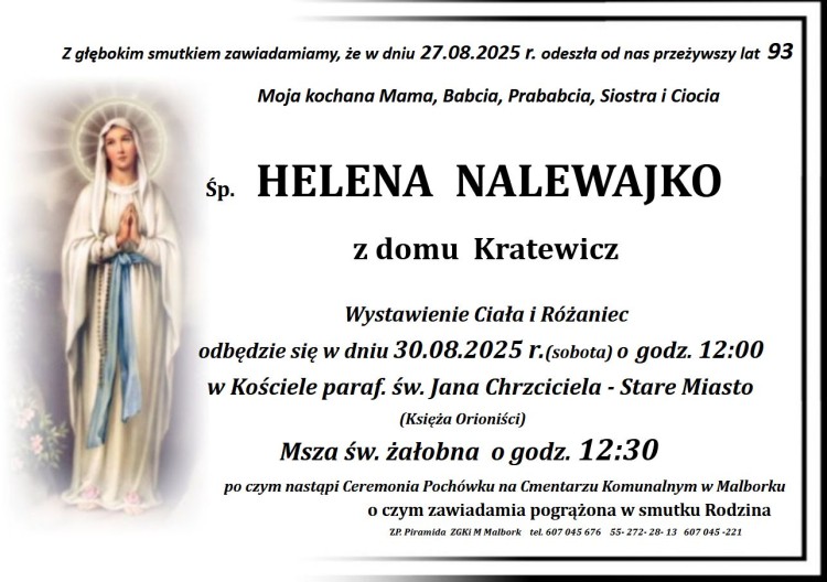 Zmarła Helena Nalewajko. Miała 93 lata.