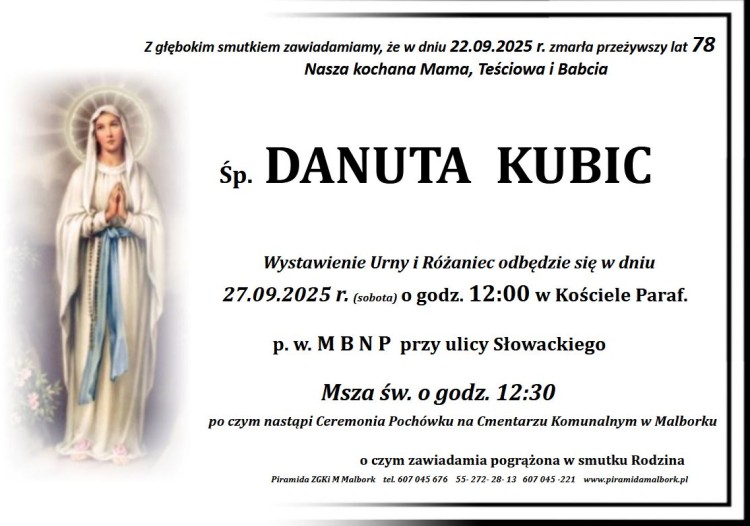 Zmarła Danuta Kubic. Miała 78 lat.