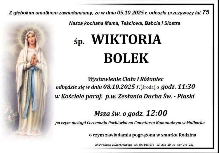 Zmarła Wiktoria Bolek. Miała 75 lat.