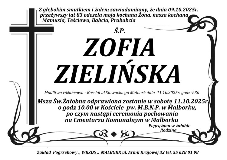 Zmarła Zofia Zielińska. Miała 83 lata.