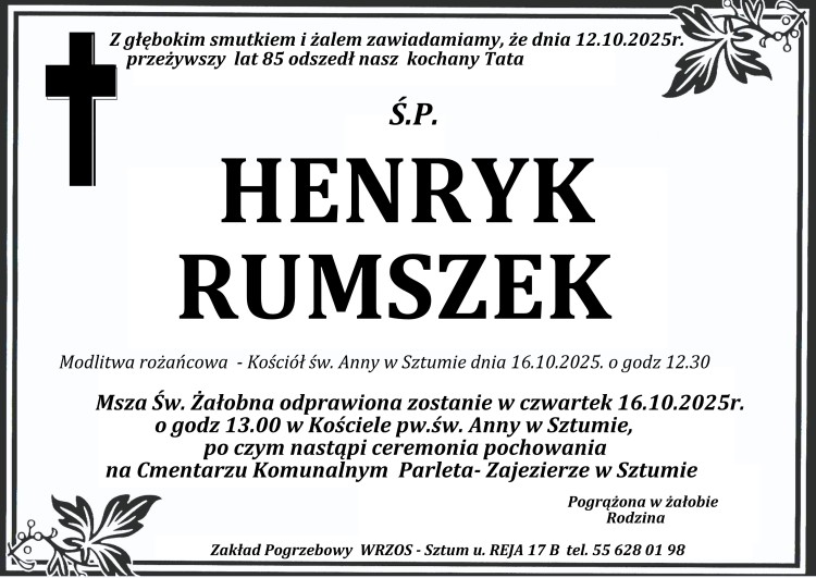 Zmarł Henryk Rumszek. Miał 85 lat.