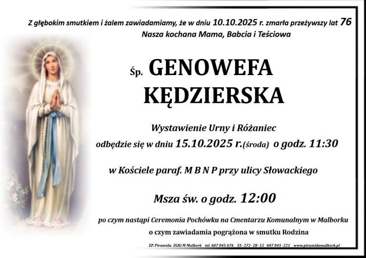Zmarła Genowefa Kędzierska. Miała 76 lat.