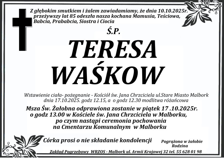 Zmarła Teresa Waśkow. Miała 85 lat.