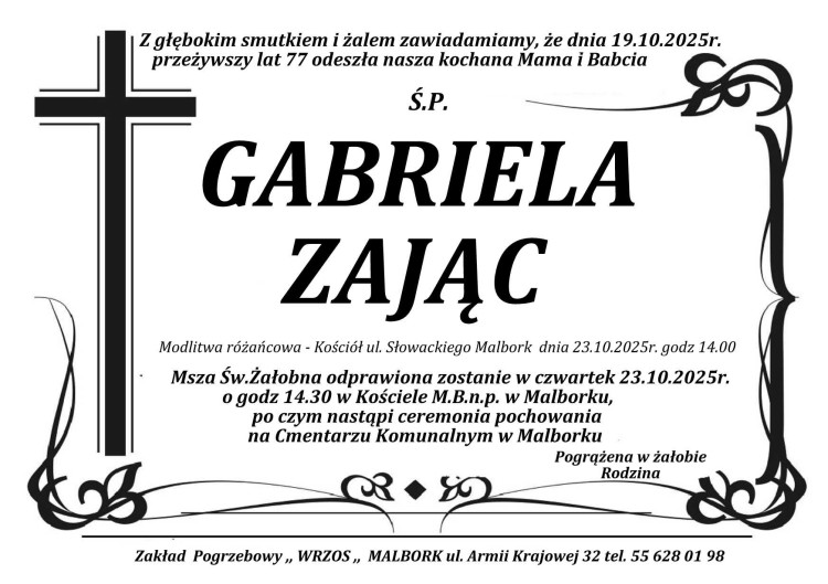 Zmarła Gabriela Zając. Miała 77 lat.