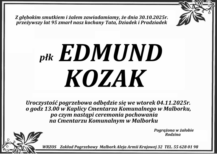 Zmarł Edmund Kozak. Miał 95 lat.