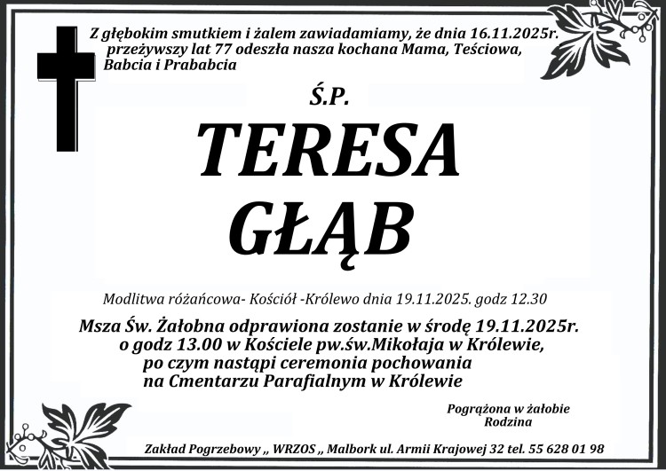 Zmarła Teresa Głąb. Miała 77 lat.