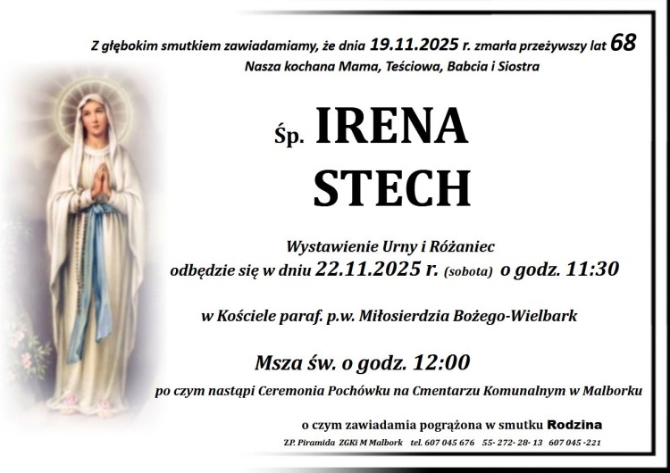 Zmarła Irena Stech. Miała 68 lat.