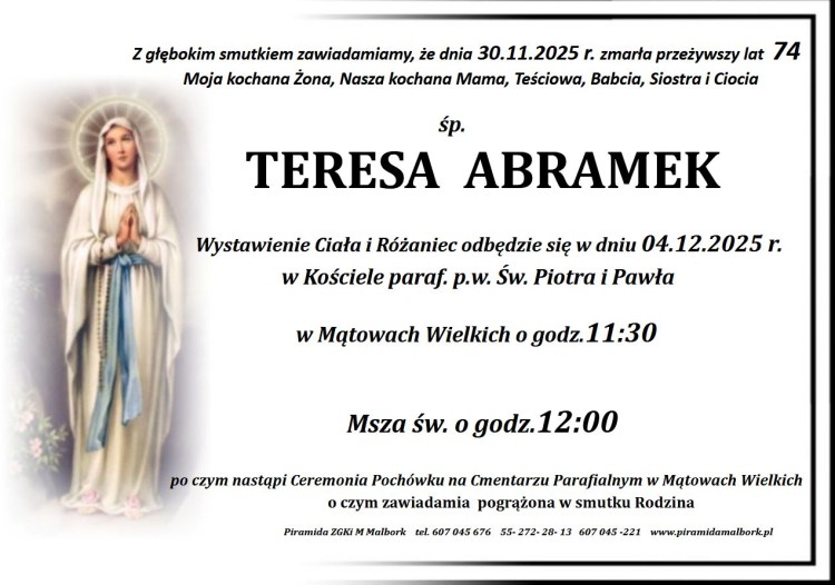 Zmarła Teresa Abramek. Miała 74 lata.