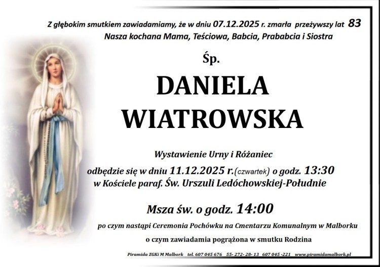 Zmarła Daniela Wiatrowska. Żyła 83 lata.
