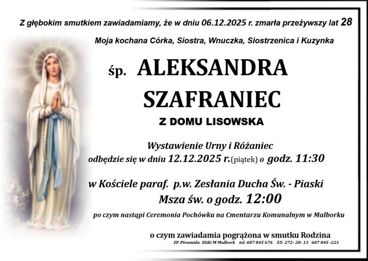 Zmarła Aleksandra Szafraniec. Miała 28 lat.