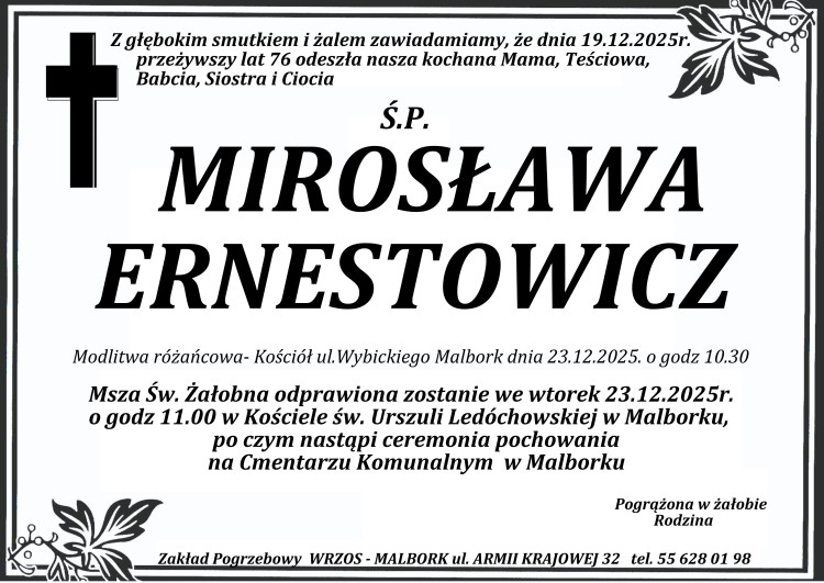 Zmarła Mirosława Ernestowicz. Miała 76 lat.