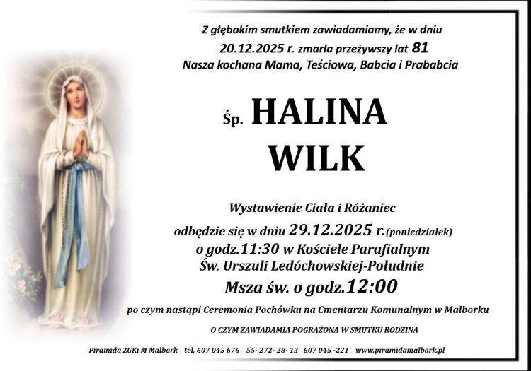 Zmarła Halina Wilk. Miała 81 lat.