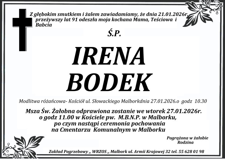 Zmarła Irena Bodek. Żyła 91 lat.