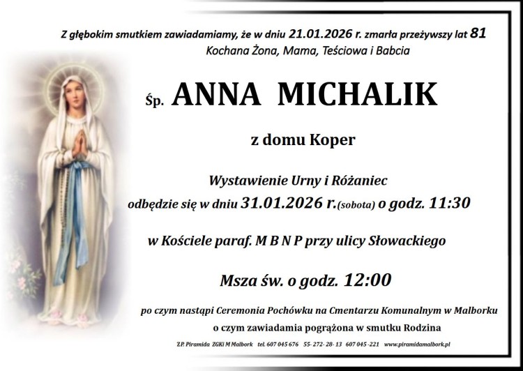 Zmarła Anna Michalik. Miała 81 lat.