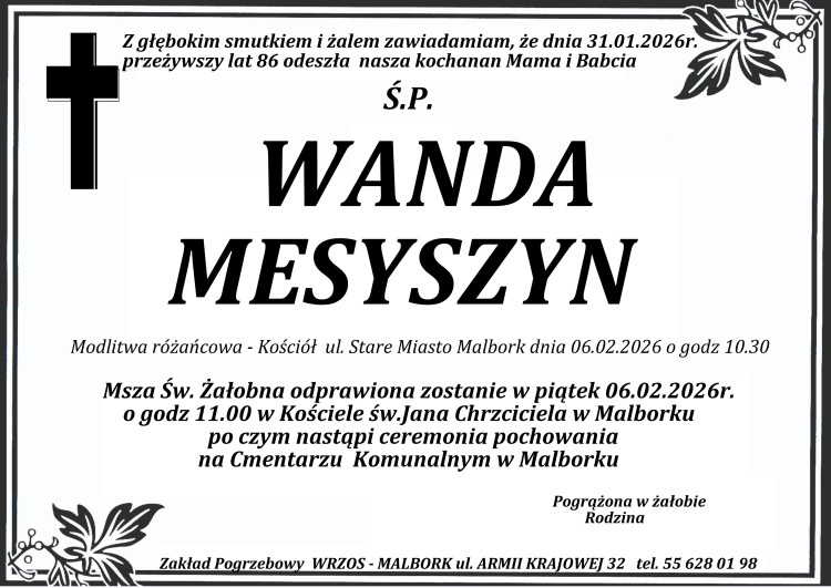 Zmarła Wanda Mesyszyn. Żyła 86 lat.