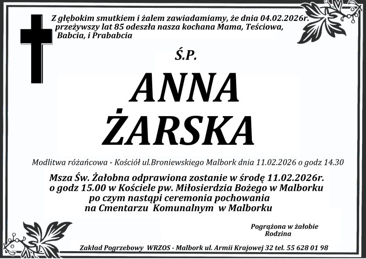 Zmarła Anna Żarska. Żyła 85 lat.