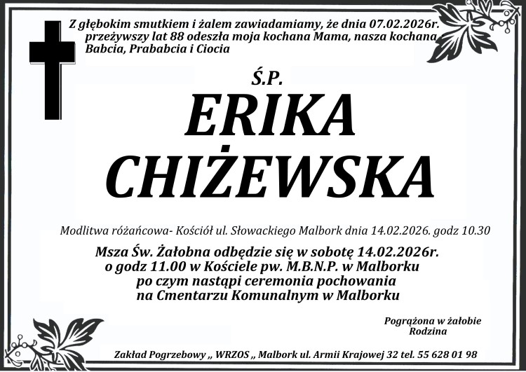 Zmarła Erika Chiżewska. Miała 88 lat.