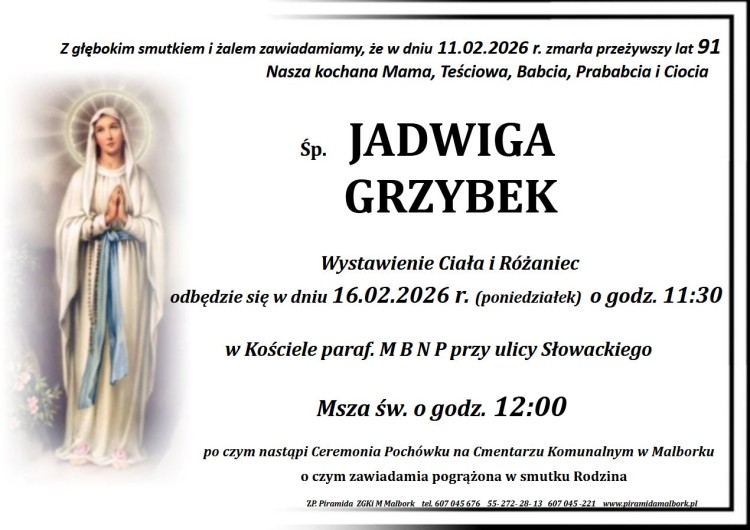 Zmarła Jadwiga Grzybek. Miała 91 lat.